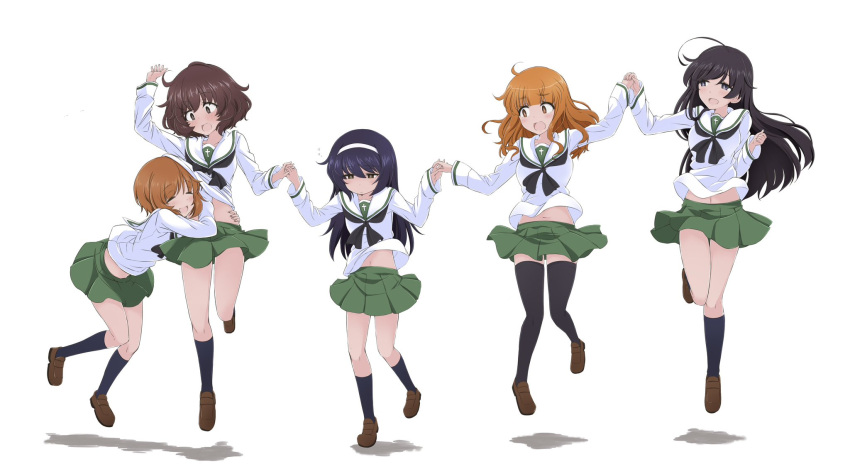 5girls ahoge akiyama_yukari black_eyes black_hair black_socks black_thighhighs blunt_bangs blush brown_eyes brown_footwear brown_hair closed_eyes closed_mouth girls_und_panzer green_skirt hairband hazuki_haru highres holding_hands hug isuzu_hana loafers long_sleeves looking_at_another messy_hair multiple_girls navel nishizumi_miho ooarai_school_uniform open_mouth pleated_skirt reizei_mako school_uniform shirt shoes short_hair simple_background skirt smile socks takebe_saori thighhighs white_background white_hairband white_shirt