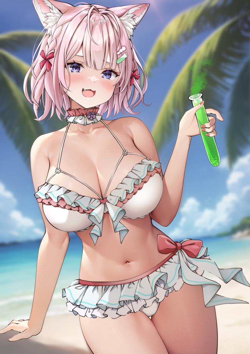 absurdres animal_cutout arm_cutout bikini bikini_skirt blush breasts choker flower_choker flower_collar frilled_choker frills hair_ornament hakui_koyori hakui_koyori_(3rd_costume) heart_bikini highres hololive large_breasts navel open_mouth otk0u6 pink_choker pink_hair purple_eyes short_hair swimsuit test_tube_hair_ornament two-tone_choker white_choker wolf_girl