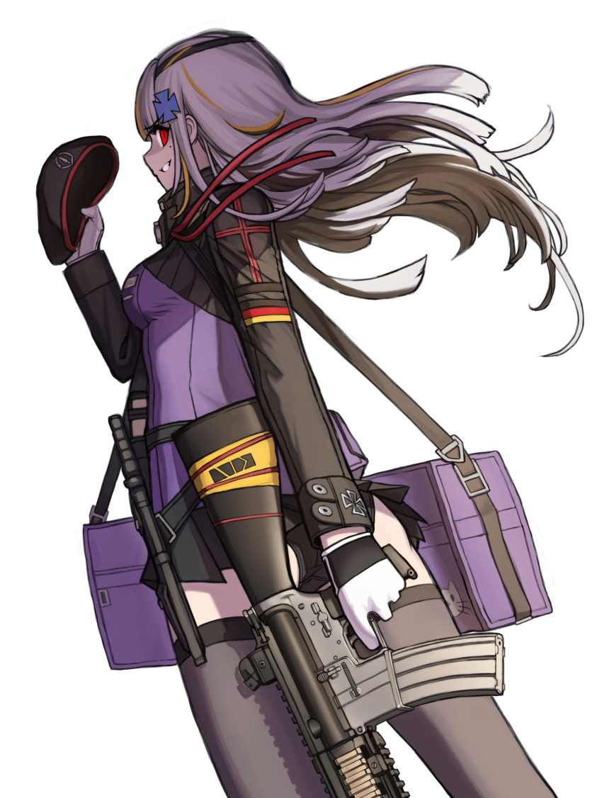 1girl assault_rifle bag beret black_panties cheogtanbyeong cosplay cross_hair_ornament eyepatch from_behind german_flag girls'_frontline gloves gun h&amp;k_hk416 hair_ornament hat hat_removed headwear_removed highres hk416_(girls'_frontline) hk416_(girls'_frontline)_(cosplay) holding holding_gun holding_weapon holstered_weapon knife knife_holster long_hair looking_at_viewer m16a1_(boss)_(girls'_frontline) m16a1_(girls'_frontline) military_jacket multicolored_hair panties pantyshot pleated_skirt removing_headwear rifle shoulder_bag skirt smile standing streaked_hair thighhighs underwear weapon white_background white_gloves white_hair