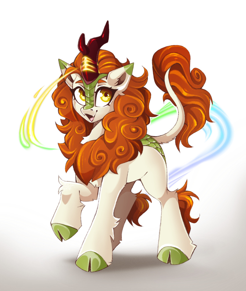 asian_mythology autumn_blaze_(mlp) buvanybu chinese_mythology cloven_hooves digital_media_(artwork) east_asian_mythology eyelashes fangs female feral friendship_is_magic fur green_body green_scales hair hasbro hi_res hooves horn kirin leg_tuft long_tail mane my_little_pony mythology open_mouth open_smile orange_hair orange_mane orange_tail red_horn scales simple_background smile tail tan_body tan_fur teeth tuft white_background yellow_eyes