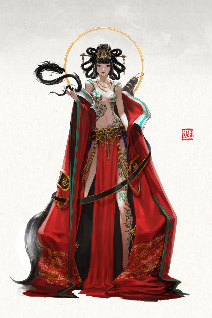 1girl absurdres bare_shoulders black_eyes black_hair breast_tattoo breasts calligraphy_brush chinese_clothes chinese_commentary chinese_hairpin closed_mouth commentary_request ddcc0123 dragon full_body gem giant_brush gold_necklace halo hand_up hanfu highres hip_tattoo jewelry leg_tattoo lipstick long_sleeves looking_at_viewer makeup medium_breasts medium_hair navel necklace no_nipples open_clothes original paintbrush pelvic_curtain red_gemstone red_lips shoulder_tattoo solo standing tattoo tiara topless weapon weapon_on_back white_background wide_sleeves