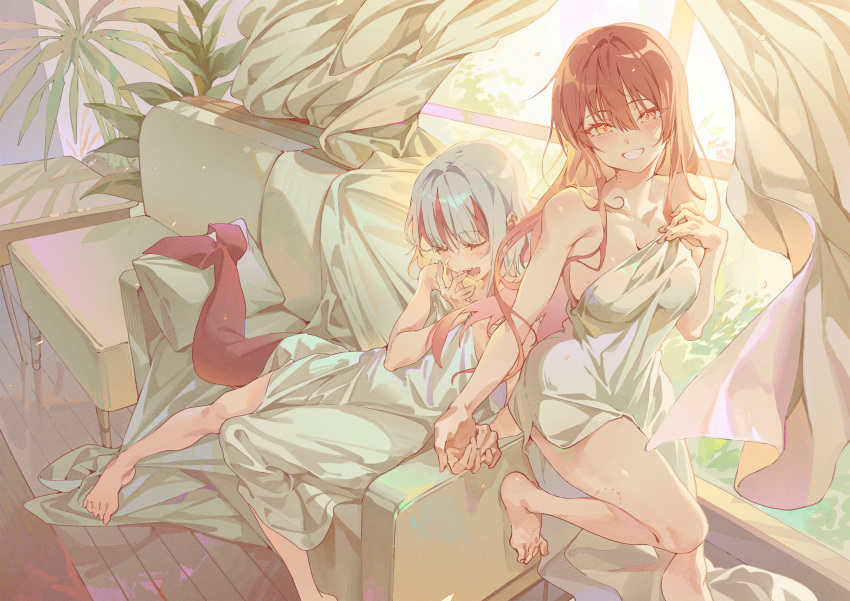 2girls absurdres bare_shoulders barefoot bed_sheet bite_mark breasts cleavage couch curtains feet finger_in_own_mouth fins fish_tail full_body gawr_gura hair_between_eyes heterochromia highres holding_hands hololive hololive_english hololive_fantasy holomyth houshou_marine hxxg indoors large_breasts legs long_hair looking_at_viewer medium_hair multicolored_hair multiple_girls no_eyepatch on_couch open_mouth outstretched_leg plant red_eyes red_hair shark_girl shark_tail sharp_teeth sitting smile streaked_hair swept_bangs table tail teeth toes virtual_youtuber white_hair window yellow_eyes