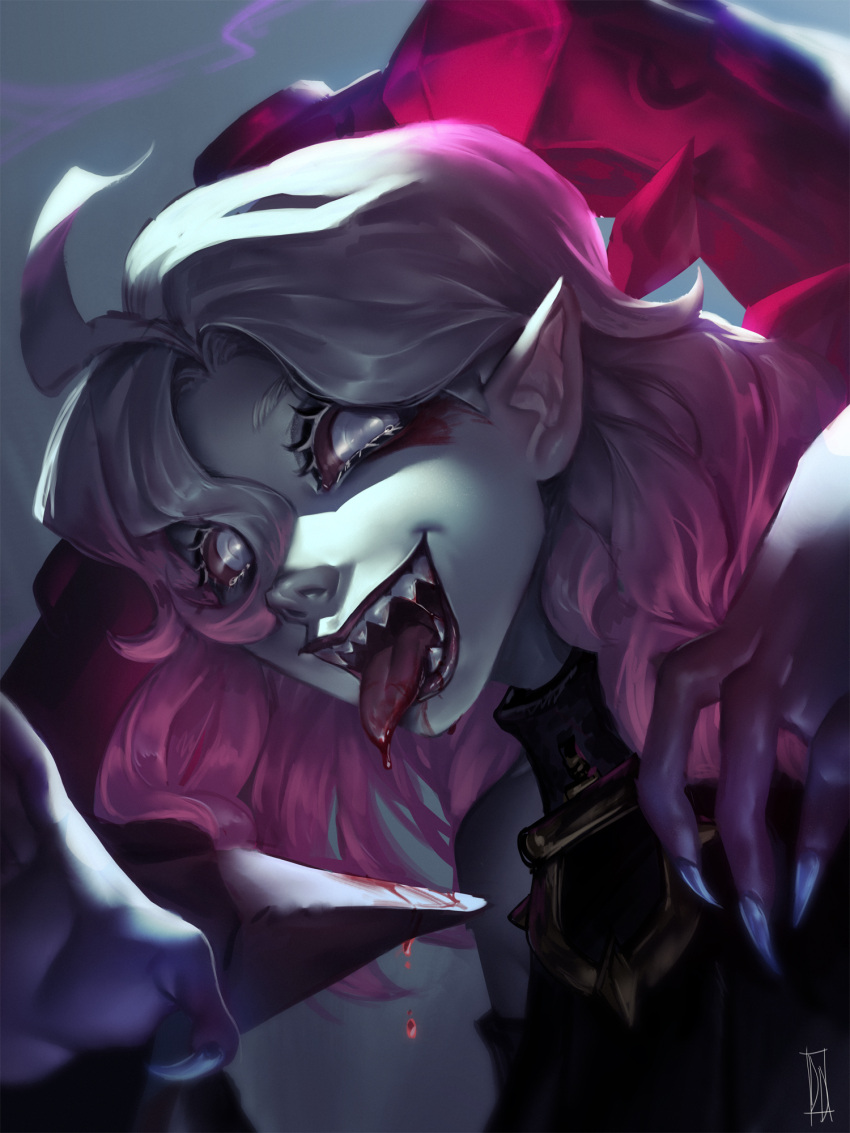 1girl blood blood_from_mouth briar_(league_of_legends) colored_sclera ditahsdoh fingernails grey_eyes grey_hair hair_between_eyes hands_up highres league_of_legends long_hair looking_at_viewer multicolored_hair open_mouth pink_hair pointy_ears red_sclera sharp_fingernails sharp_teeth smile solo teeth tongue two-tone_hair vampire