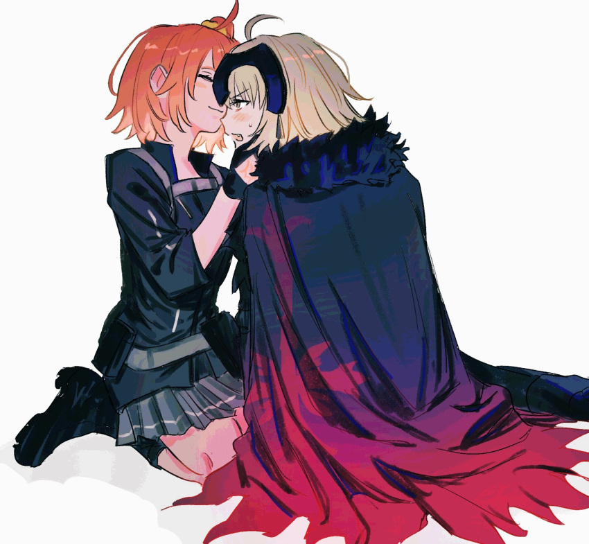 2girls ahoge belt black_cape black_footwear black_gloves black_jacket blonde_hair blush boots cape chest_harness closed_eyes command_spell commentary_request embarrassed facing_another fang fate/grand_order fate_(series) fujimaru_ritsuka_(female) fujimaru_ritsuka_(female)_(polar_chaldea_uniform) fur-trimmed_cape fur_trim gloves gradient_cape grey_skirt hair_ornament hair_scrunchie hand_on_another's_cheek hand_on_another's_face harness heads_together highres jacket jeanne_d'arc_alter_(fate) knee_boots kneeling multiple_girls one_side_up open_mouth orange_hair pleated_skirt profile red_cape scrunchie short_hair simple_background skirt sleeves_past_elbows v-shaped_eyebrows white_background yellow_eyes yuri zumu_(quw87)