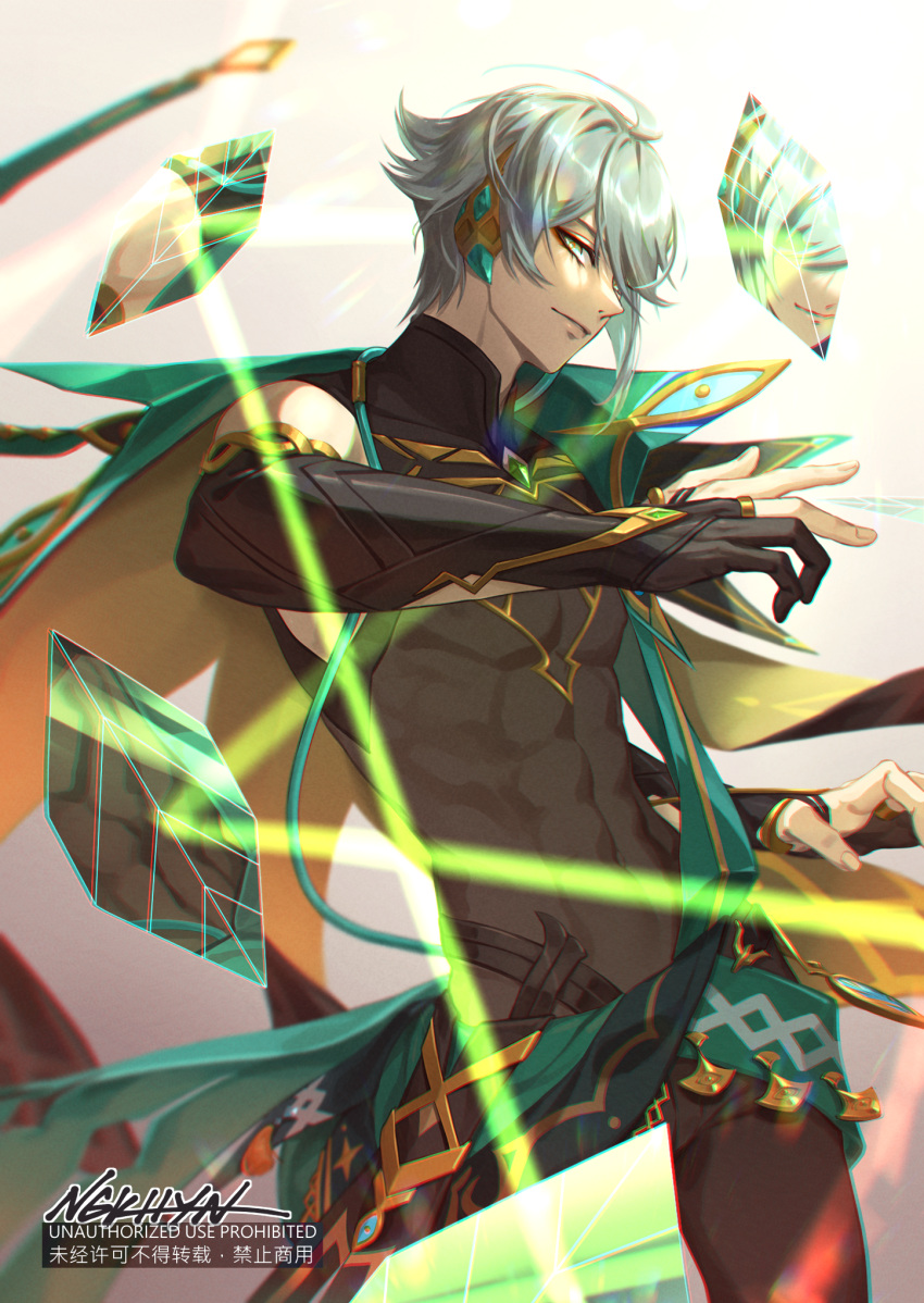 1boy abs ahoge alhaitham_(genshin_impact) aqua_eyes aqua_hair armlet artist_name asymmetrical_sidelocks belt black_gloves black_pants black_shirt bridal_gauntlets cable cape covered_nipples fingerless_gloves fingernails from_side gem genshin_impact gloves gold_trim green_belt green_cape green_gemstone grey_hair hair_over_one_eye hand_up headphones highres jewelry laser looking_at_viewer male_focus mandarin_collar multicolored_eyes multicolored_hair multiple_rings ngkhyn open_mouth pants parted_bangs pectorals reflection ring shirt short_hair shoulder_cape signature simple_background single_bare_shoulder solo standing streaked_hair teeth toned toned_male two-tone_hair white_background