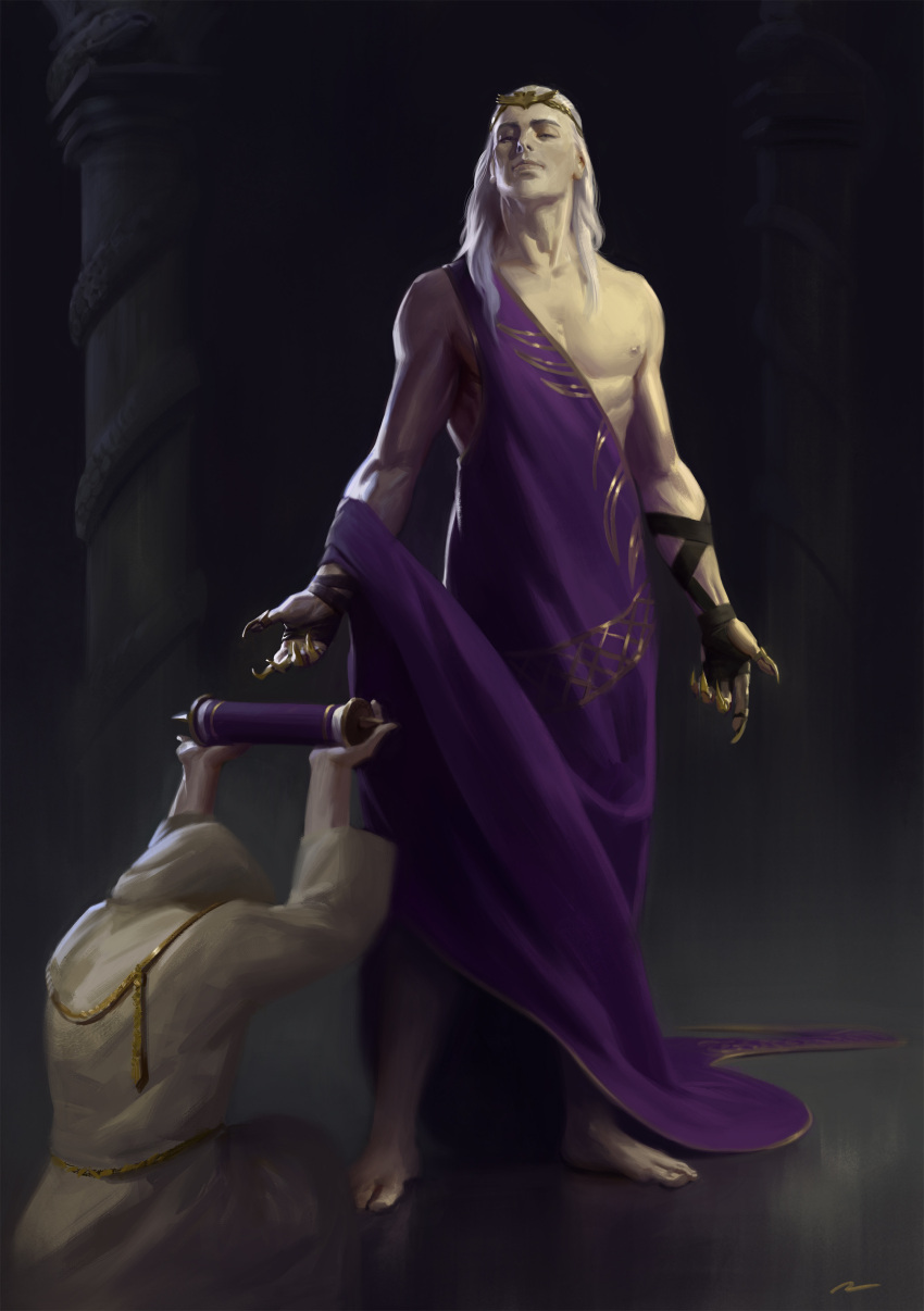 absurdres barefoot clawed_gauntlets column commentary emperor's_children english_commentary fulgrim highres holding holding_scroll hooded_robe indoors long_hair male_focus muscular muscular_male naked_robe official_art ornate_clothes oruam photoshop_(medium) pillar primarch purple_robe reflective_floor robe scroll smile smug standing warhammer_40k white_hair white_robe