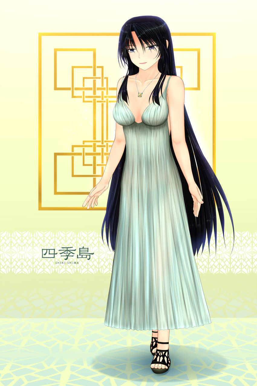 1girl absurdres bare_shoulders black_footwear black_hair collarbone dress east_japan_railway_company english_text ground_vehicle highres japan_railways jewelry kanji logo long_hair necklace personification purple_eyes rene_(e311) solo toeless_footwear train train_suite_shiki-shima