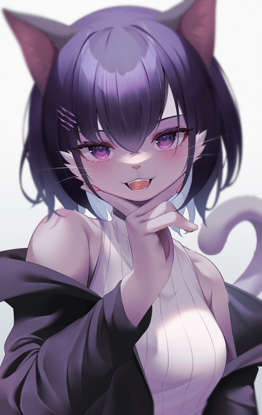2023 5_fingers absurd_res anthro blush breasts clothed clothing digital_media_(artwork) domestic_cat felid feline felis female female_anthro fingers fur hair hi_res kemono kemonoyou looking_at_viewer mammal open_mouth pawpads piercing pink_nose portrait purple_eyes purple_hair short_hair solo tail tongue tongue_piercing whiskers
