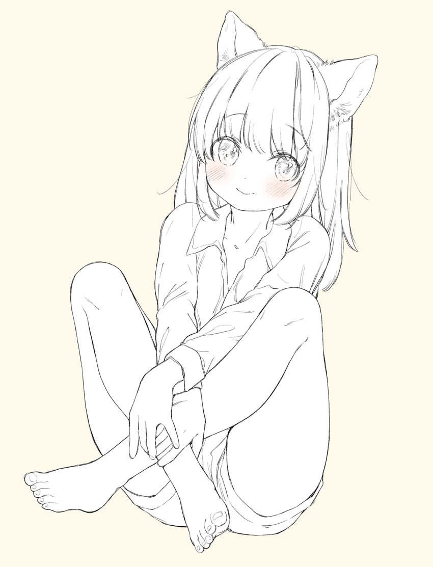 1girl animal_ear_fluff animal_ears barefoot blush cat_ears collared_shirt crossed_ankles feet flat_chest full_body highres long_hair long_sleeves looking_at_viewer monochrome mutou_mato original shirt short_shorts shorts sitting smile solo spot_color toes