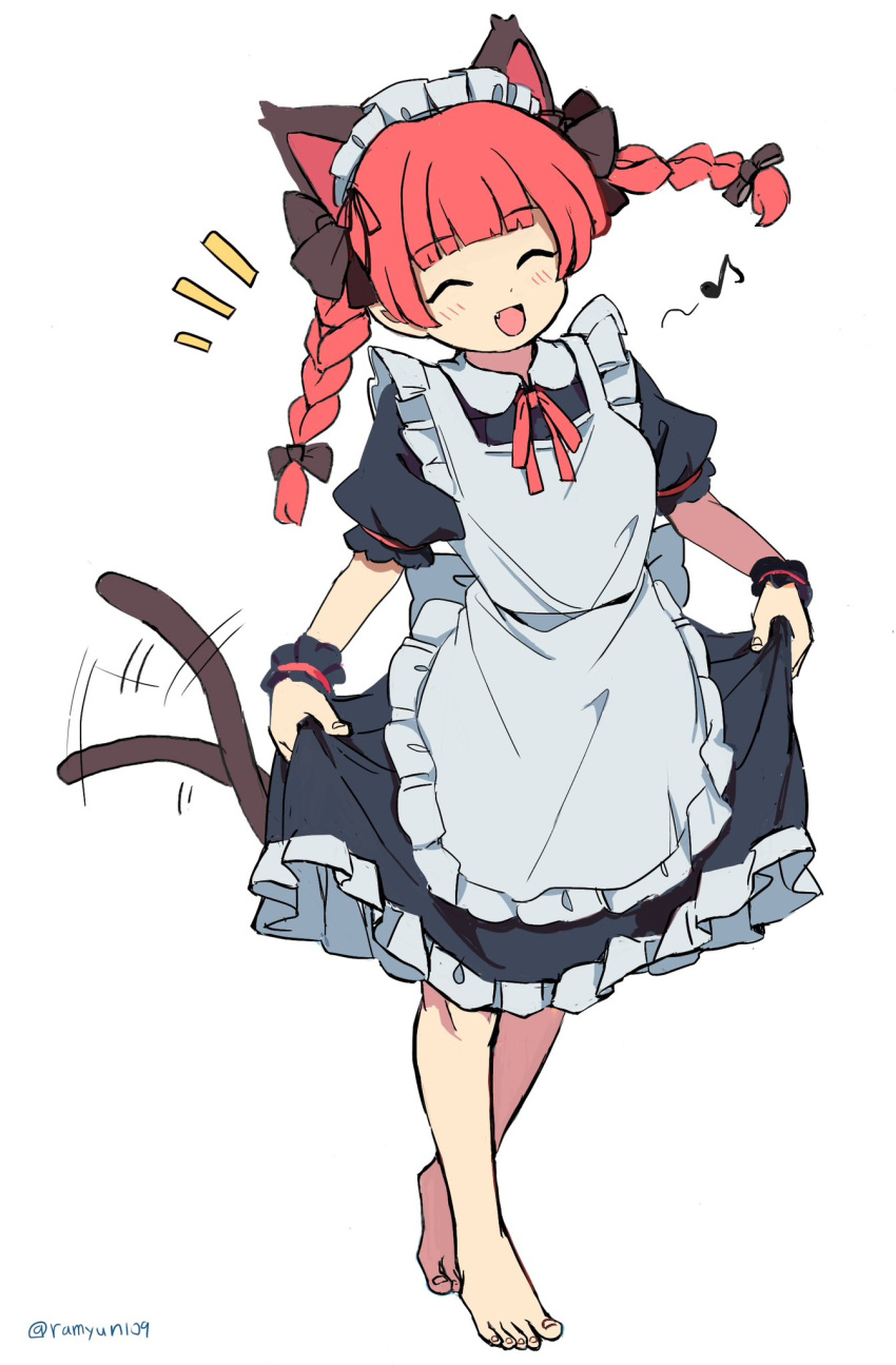 1girl alternate_costume animal_ears apron barefoot black_dress blush braid cat_ears cat_tail closed_eyes dress enmaided extra_ears fang frilled_apron frilled_dress frills full_body highres kaenbyou_rin long_hair maid maid_apron maid_headdress multiple_tails open_mouth ramudia_(lamyun) red_hair short_sleeves simple_background smile solo tail touhou twin_braids twitter_username two_tails white_apron white_background wrist_cuffs