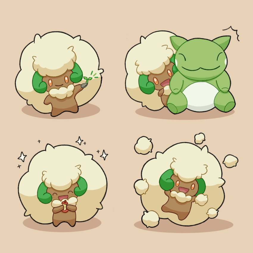 :d ^_^ apple apple_core blush closed_eyes commentary_request food fruit highres holding kawasemi_midori no_humans notice_lines open_mouth orange_eyes pokemon pokemon_(creature) sapling seed smile sparkle substitute_(pokemon) whimsicott