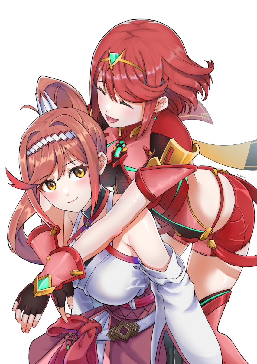 2girls absurdres armor armpit_crease bare_shoulders blush breasts closed_eyes closed_mouth commentary core_crystal_(xenoblade) cowboy_shot criss-cross_halter detached_sleeves earrings feet_out_of_frame fingerless_gloves glimmer_(xenoblade) gloves hairband halterneck highres hug impossible_clothes japanese_clothes jewelry kimono large_breasts leaning_forward leaning_on_person long_hair looking_at_another medium_hair mother_and_daughter multicolored_hairband multiple_girls obi open_mouth ponytail pyra_(xenoblade) red_hair red_hairband red_shorts red_thighhighs sash short_shorts short_sleeves shorts shoulder_armor side_cutout sidelocks simple_background skin_tight smile standing swept_bangs thighhighs thighs tiara twitter_username white_background white_hairband white_kimono wide_sleeves xenoblade_chronicles_(series) xenoblade_chronicles_2 xenoblade_chronicles_3 xenoblade_chronicles_3:_future_redeemed yellow_eyes yuda_nf