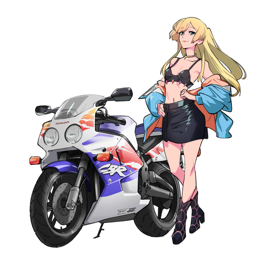 absurdres black_skirt blonde_hair blue_eyes blue_jacket commission flat_chest gyosone highres jacket jewelry long_hair motor_vehicle motorcycle navel original ring skeb_commission skirt wedding_ring