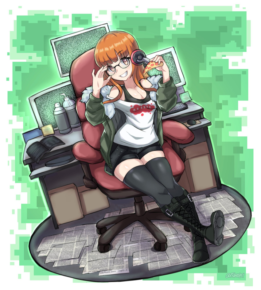 1girl adjusting_eyewear artsheops behind-the-head_headphones black_shorts black_thighhighs book boots bottle breasts brown_eyes cleavage desk food full_body fur-trimmed_jacket fur_trim glasses green_jacket grin hand_on_eyewear headphones heart heart_in_eye highres holding holding_food jacket keyboard_(computer) medium_breasts monitor mouse_(computer) multiple_monitors off_shoulder orange_hair persona persona_5 pizza pizza_slice sakura_futaba shoe_soles short_shorts shorts sitting smile solo swivel_chair symbol_in_eye teeth thighhighs