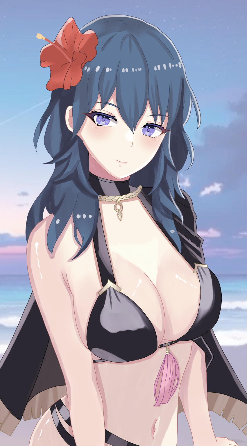 1girl absurdres bikini black_bikini black_cape breasts byleth_(female)_(fire_emblem) byleth_(female)_(summer)_(fire_emblem) byleth_(fire_emblem) cape cloud cloudy_sky collar fire_emblem fire_emblem_heroes flower green_hair hair_flower hair_ornament hibiscus highres medium_hair n_54 ocean off_shoulder purple_eyes sky solo swimsuit