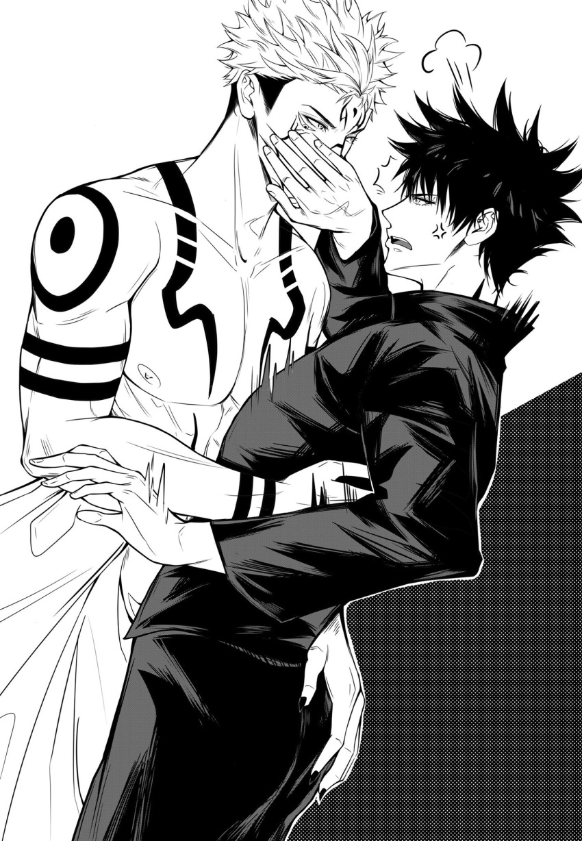 2boys =3 abs anger_vein annoyed arm_tattoo ass ass_grab chest_tattoo commentary_request covering_another's_mouth extra_eyes facial_tattoo fingernails fushiguro_megumi high_collar highres hug jacket japanese_clothes jujutsu_kaisen kimono long_sleeves looking_at_another male_focus monochrome multiple_boys muscular muscular_male nail_polish nipples pants pectorals ryoumen_sukuna_(jujutsu_kaisen) school_uniform sharp_fingernails short_hair shoulder_tattoo spiked_hair tattoo yaoi zhhy3324