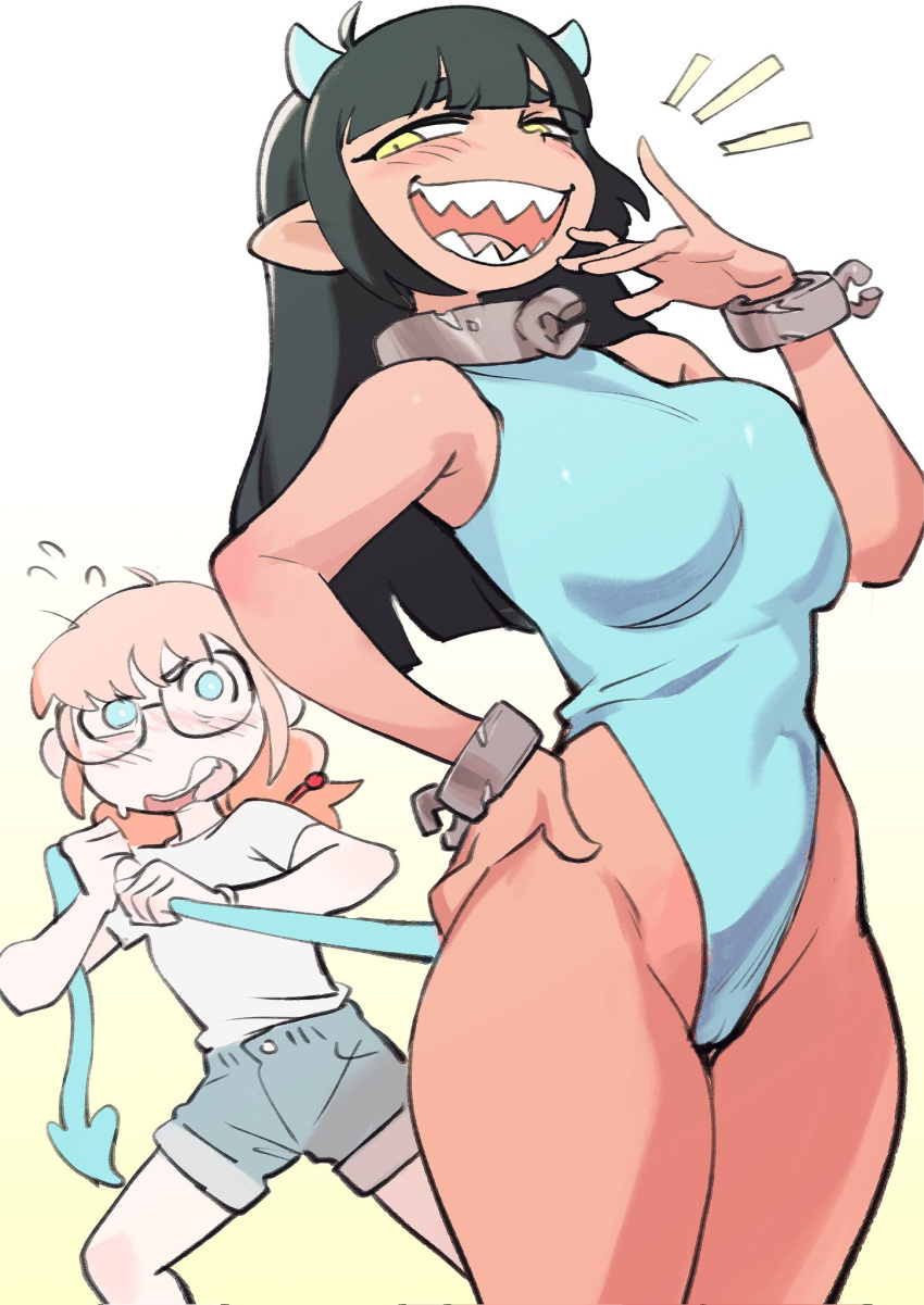 2girls ahoge armpits bare_shoulders black-framed_eyewear black_hair blue_bodysuit blue_eyes blue_horns blue_shorts blue_tail blunt_bangs blunt_ends blush bodysuit breasts bright_pupils cameltoe collar colo_(nagrolaz) commentary cowboy_shot cuffs demon_horns demon_tail denim denim_shorts english_commentary feet_out_of_frame flat_chest glasses gradient_background groin hand_on_own_hip hand_to_own_face hand_up highres holding_another's_tail horns large_breasts long_hair looking_at_another mephia metal_collar multiple_girls open_mouth orange_hair rita_(sweethex) shackles sharp_teeth shirt short_eyebrows short_sleeves shorts sidelocks simple_background smile standing straight_hair sweethex tail tail_pull teeth thick_eyebrows two-tone_background upper_teeth_only wavy_mouth white_background white_pupils white_shirt yellow_background yellow_eyes