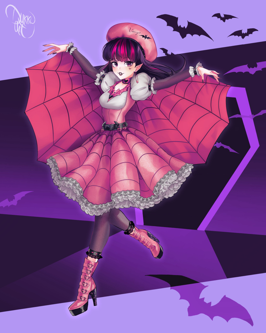 1girl absurdres bat_(animal) black_hair boots cape draculaura dress dukkoart full_body hat high_heel_boots high_heels highres long_hair looking_at_viewer monster_high multicolored_hair pink_dress pink_footwear pink_hair pointy_ears puffy_sleeves purple_eyes red_cape solo two-tone_hair