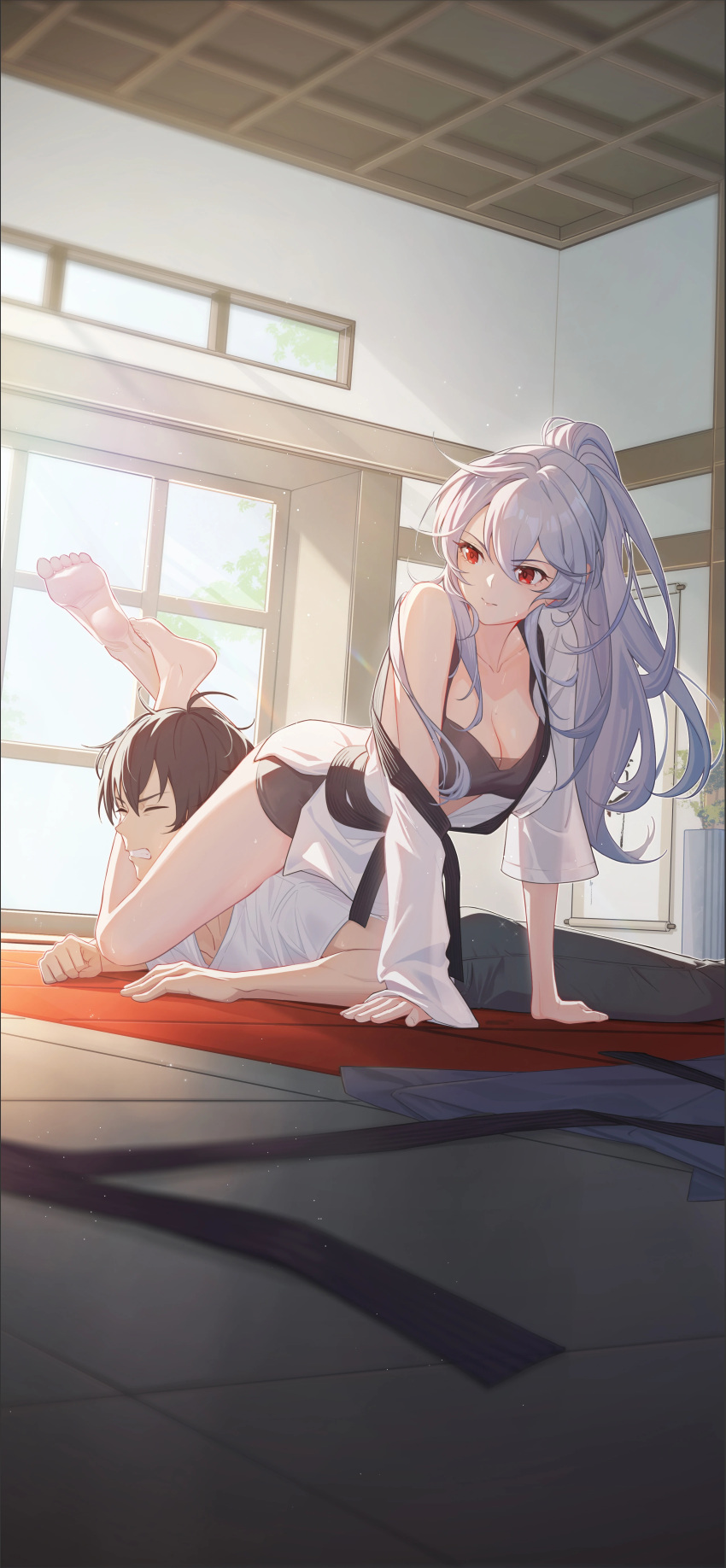 1boy 1girl absurdres ahoge all_fours bare_arms bare_legs bare_shoulders barefoot black_hair breasts cleavage clenched_teeth closed_eyes closed_mouth crazy_ones day dojo dougi full_body grey_hair grey_pants grey_shorts grey_sports_bra hair_between_eyes hanging_scroll head_on_another's_leg highres indoors judo large_breasts long_hair looking_to_the_side lying official_art on_stomach pants plant ponytail potted_plant protagonist_(crazy_ones) red_eyes scroll shirt shorts single_off_shoulder sports_bra sweat t-shirt teeth triangle_choke v-shaped_eyebrows white_shirt window xia_bing_(crazy_ones)