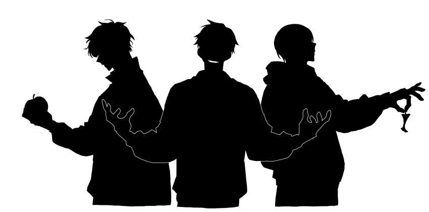 3boys apple apple_core bad_apple!! character_request commentary_request food fruit garbage_time greyscale gusge_(ellllk) highres holding holding_food holding_fruit korean_commentary male_focus monochrome multiple_boys short_hair silhouette simple_background smile upper_body white_background