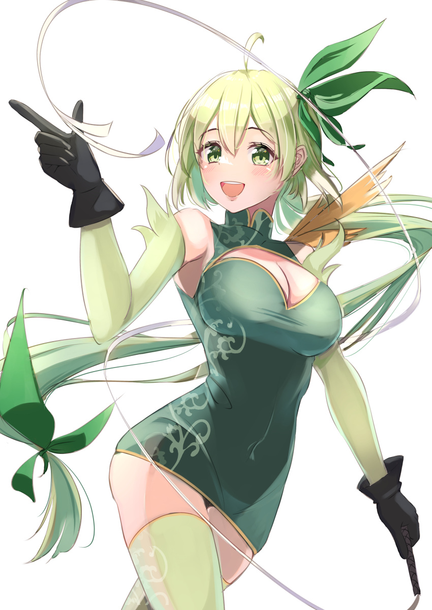 1girl absurdres ahoge black_gloves black_shirt blush breasts china_dress chinese_clothes cleavage clothing_cutout commentary_request detached_sleeves double-parted_bangs dress gloves green_dress green_eyes green_hair green_sleeves green_thighhighs hair_between_eyes high_collar highres impossible_clothes impossible_dress large_breasts long_hair looking_at_viewer low_ponytail mel_(wixoss) microdress oekaki_zombie open_mouth shirt short_dress solo sweat taut_clothes taut_dress thighhighs very_sweaty wixoss zettai_ryouiki