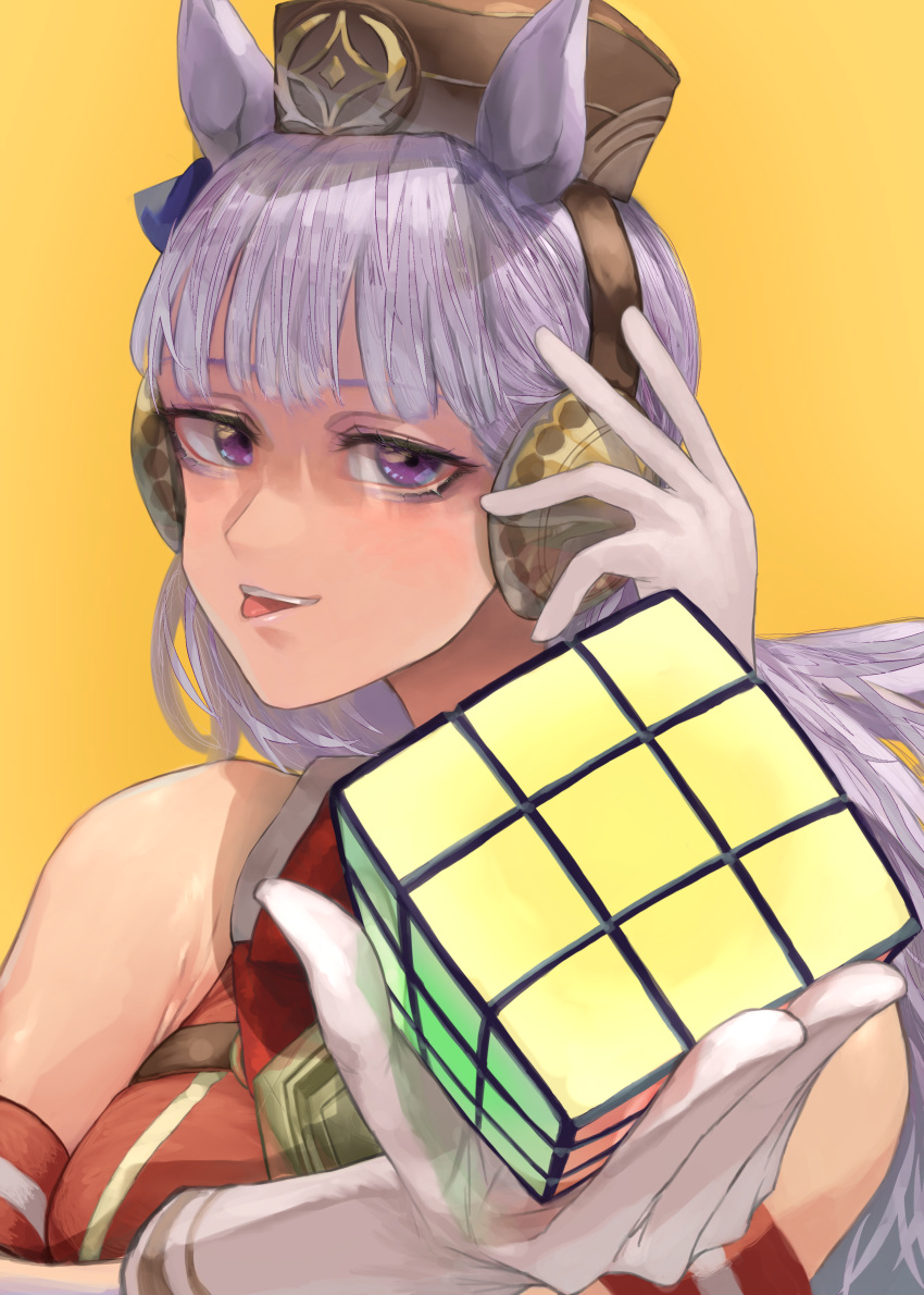 1girl absurdres animal_ears bare_shoulders blue_bow bow brown_headwear commentary_request dress ear_bow gloves gold_ship_(umamusume) grey_hair highres holding holding_toy horse_ears horse_girl long_hair looking_at_viewer pillbox_hat purple_eyes red_dress rubik's_cube simple_background sleeveless sleeveless_dress solo teeth tonariuta tongue tongue_out toy umamusume upper_body upper_teeth_only white_gloves yellow_background
