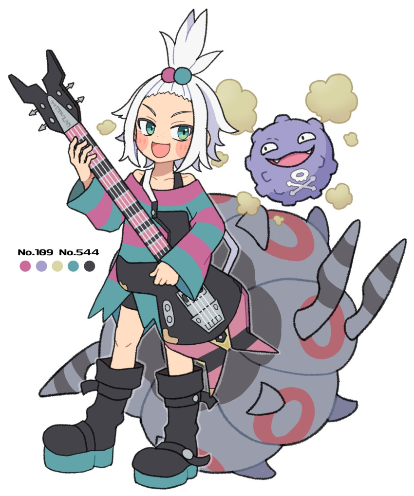 1girl :d aqua_shirt black_footwear boots collarbone colored_sclera colored_skin commentary_request electric_guitar fangs floating green_eyes guitar highres holding holding_guitar holding_instrument instrument koffing kokashiho open_mouth pink_shirt pokemon pokemon_(creature) pokemon_bw2 purple_skin shirt short_hair simple_background smile smoke two-tone_shirt whirlipede white_background white_hair yellow_sclera