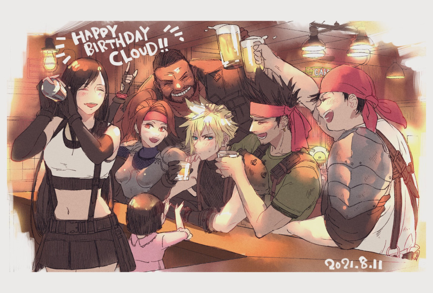 3girls 4boys armor bandana bare_shoulders barret_wallace bartender beard biggs_(ff7) black_bra black_gloves black_hair black_skirt blonde_hair blue_eyes blue_leotard blush bra breastplate breasts brown_hair character_name closed_eyes cloud_strife cocktail_shaker cowboy_shot crop_top cup dark-skinned_male dark_skin dated dress earrings elbow_pads facial_hair father_and_daughter final_fantasy final_fantasy_vii final_fantasy_vii_remake fingerless_gloves gloves green_shirt grin hand_on_another's_head happy_birthday hatomugi_gohan headband highres holding holding_cup indoors jessie_rasberry jewelry leotard light_bulb long_hair marlene_wallace medium_breasts midriff miniskirt multiple_boys multiple_girls navel open_mouth parted_bangs pink_dress pleated_skirt ponytail red_bandana red_eyes red_headband shirt short_hair shoulder_armor single_earring skirt sleeveless sleeveless_shirt sleeveless_turtleneck smile spiked_hair sports_bra suspenders sweatdrop tavern teeth tifa_lockhart turtleneck turtleneck_leotard underwear upper_body very_short_hair wedge_(ff7) white_shirt