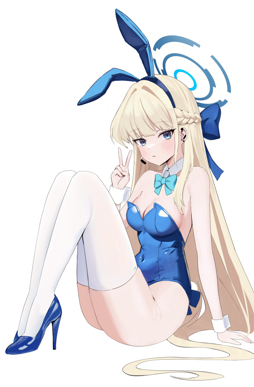1girl absurdres animal_ears bare_shoulders blonde_hair blue_archive blue_bow blue_eyes blue_footwear blue_leotard bow breasts cleavage covered_navel fake_animal_ears hair_bow headset highres leotard long_hair looking_at_viewer medium_breasts mouche official_alternate_costume playboy_bunny rabbit_ears shoes simple_background sitting solo thighhighs toki_(blue_archive) toki_(bunny)_(blue_archive) v very_long_hair white_background white_thighhighs