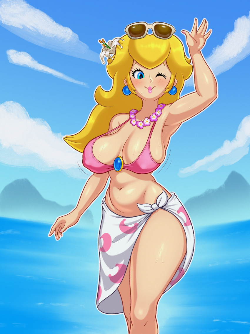 1girl absurdres adapted_costume bikini blonde_hair blue_eyes blue_sky bra breasts cleavage cloud day earrings eyewear_on_head flower flower_necklace hair_flower hair_ornament highres jewelry large_breasts lei long_hair looking_at_viewer mario_(series) mario_kart mario_kart_tour mountainous_horizon navel official_alternate_costume one_eye_closed outdoors parted_lips pink_bikini pink_bra pink_lips princess_peach princess_peach_(swimwear) print_sarong sarong sky sleepiitreat solo sphere_earrings standing stomach sunglasses super_mario_odyssey swimsuit underwear water white-framed_eyewear white_flower white_sarong