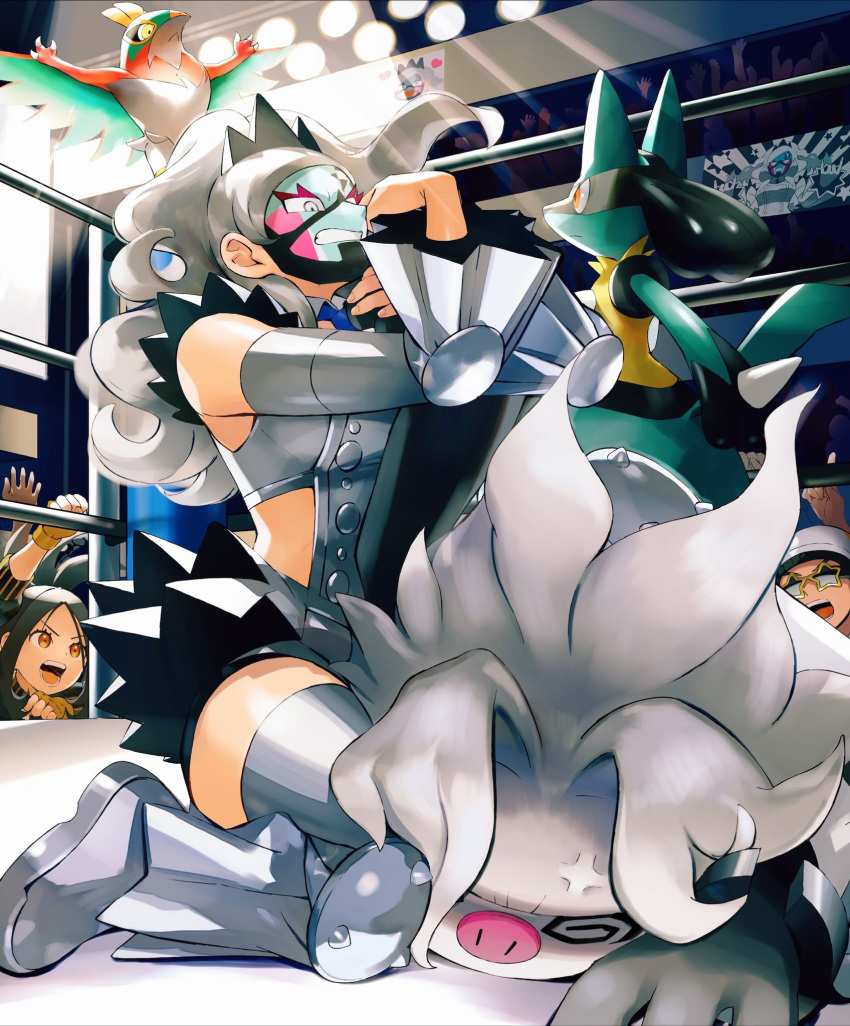 2girls @_@ anger_vein annihilape boots buttons clenched_teeth commentary_request dendra_(pokemon) detached_sleeves eri_(pokemon) facepaint grey_eyes grey_footwear grey_hair grey_vest hands_up hawlucha highres indoors kneeling long_hair lucario multiple_girls orange_mikan pokemon pokemon_(creature) pokemon_(game) pokemon_sv spotlight team_star team_star_grunt teeth thigh_boots tiara vest wrestling wrestling_ring