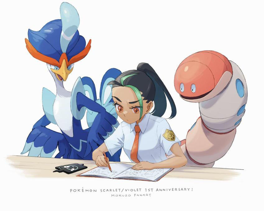 1girl anniversary artist_name black_hair book closed_mouth collared_shirt commentary_request copyright_name eyelashes freckles green_hair highres holding holding_pencil logo long_hair looking_down mokuzou_(moku_ssbu) multicolored_hair necktie nemona_(pokemon) orange_eyes orange_necktie orthworm pencil pokemon pokemon_(creature) pokemon_(game) pokemon_sv ponytail quaquaval rotom rotom_phone shirt short_sleeves studying table two-tone_hair white_background white_shirt writing