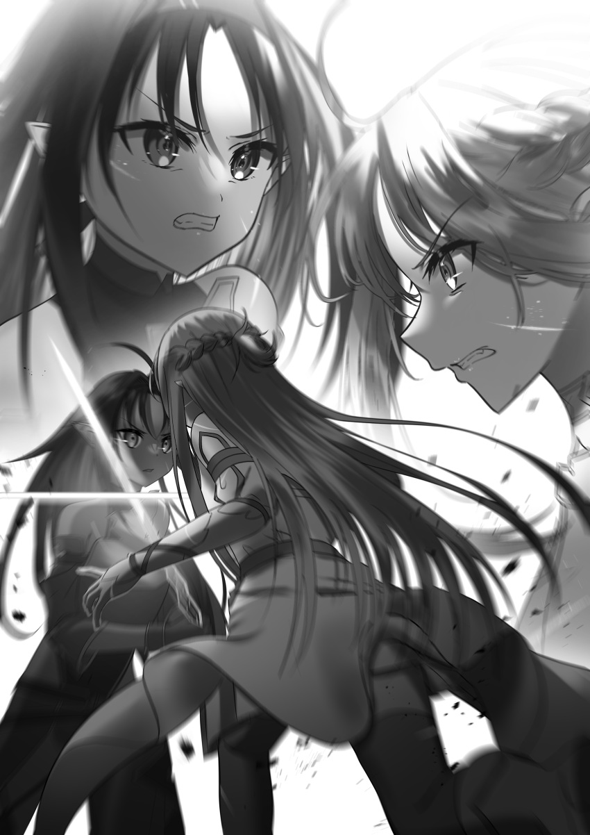 2girls absurdres ahoge asuna_(sao) asuna_(sao-alo) bare_shoulders battle braid crossed_swords dress gloves highres holding holding_sword holding_weapon long_hair looking_at_another monochrome multiple_girls multiple_views parted_bangs pointy_ears sakurada_nana sword sword_art_online teeth weapon yuuki_(sao)