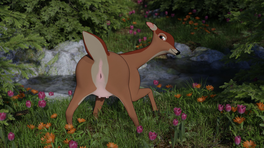 3d_(artwork) bambi's_mother blender_(software) butt capreoline deer digital_media_(artwork) disney doublestuffed female feral forest genitals hi_res looking_at_viewer looking_back looking_back_at_viewer mammal mature_female mature_feral mule_deer outside plant presenting presenting_hindquarters presenting_pussy pussy quadruped solo tree water