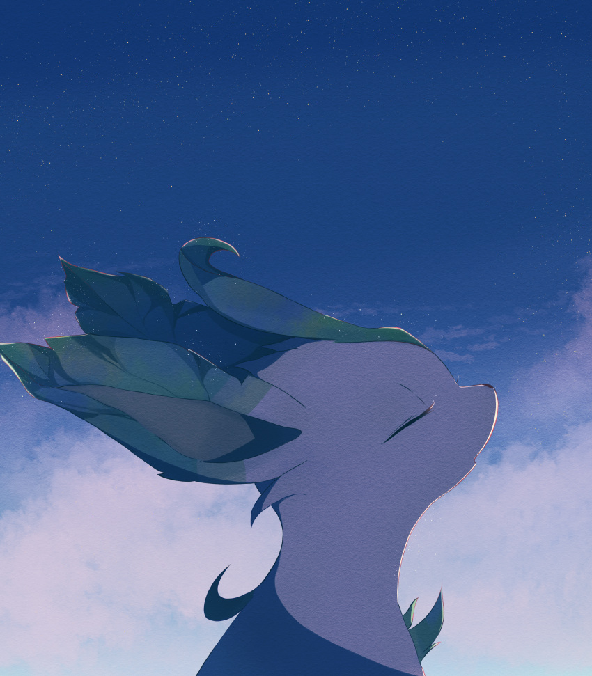 absurdres animal_focus backlighting blue_background closed_eyes cloud commentary from_side highres inariya_(pixiv_88175043) leafeon no_humans open_mouth pokemon pokemon_(creature) portrait profile solo star_(symbol)