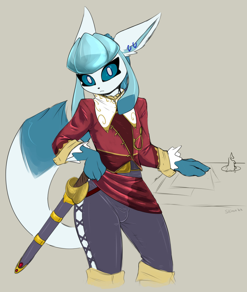 absurd_res anthro bottomwear bulge clothed clothing eeveelution generation_4_pokemon girly glaceon hi_res lacie_(skoon) looking_at_viewer male melee_weapon nintendo pants pirate pokemon pokemon_(species) pokemorph skoon solo sword tight_bottomwear tight_clothing tight_pants uniform weapon