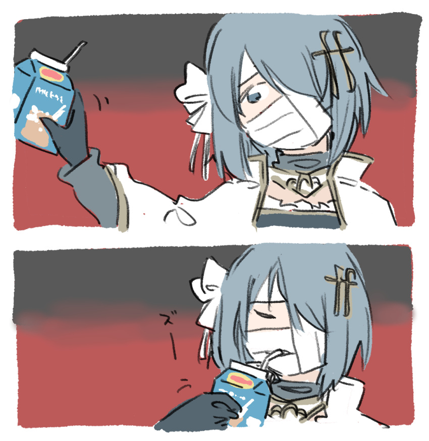 1girl bandage_on_face bandaged_head bandages bendy_straw blue_hair cape carton collared_cape covered_mouth drinking drinking_straw drinking_straw_in_mouth fortissimo hair_ornament holding_carton magical_girl mahou_shoujo_madoka_magica mahou_shoujo_madoka_magica:_walpurgis_no_kaiten miki_sayaka milk milk_carton musical_note musical_note_hair_ornament python_octopus short_hair white_cape