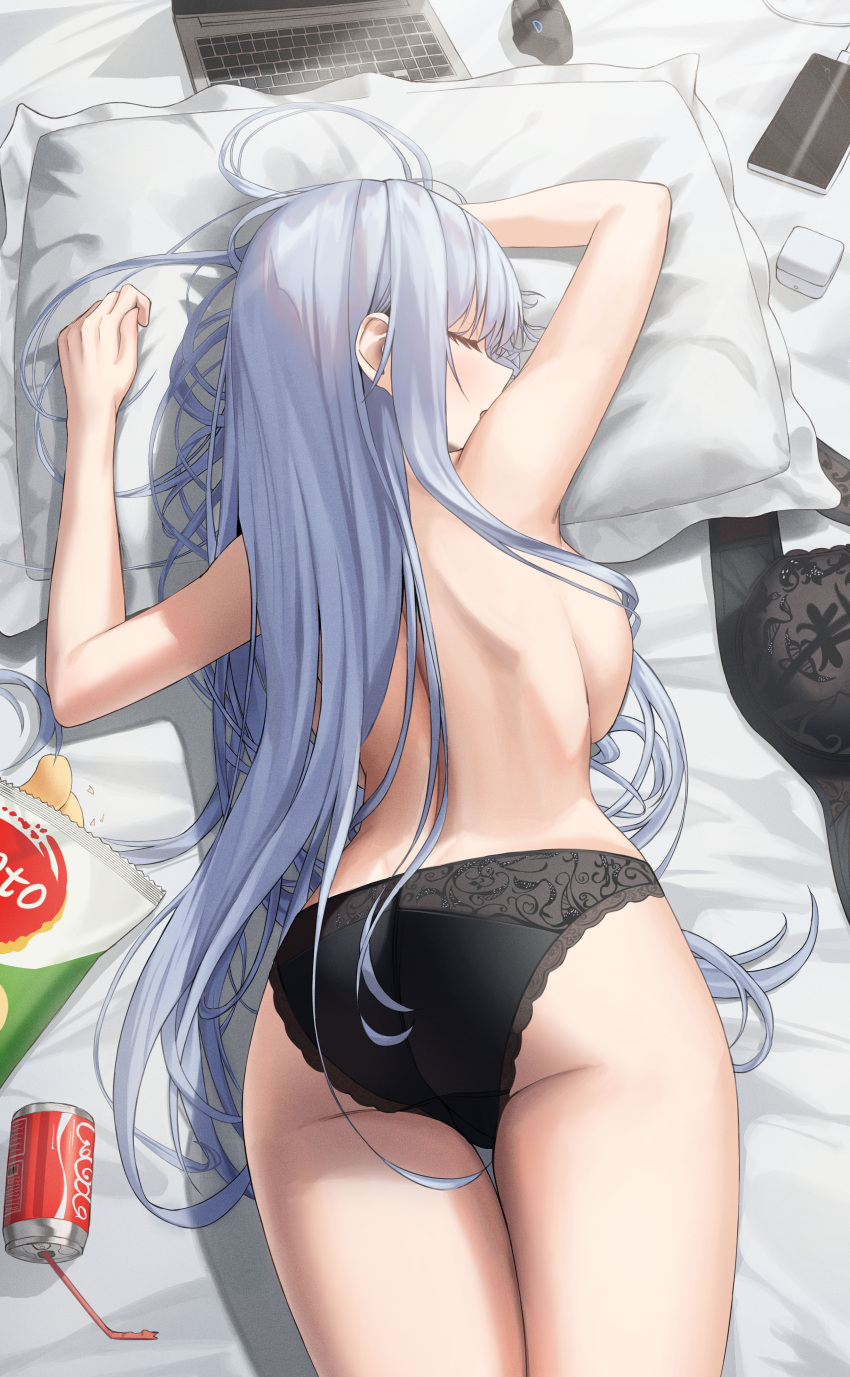 1girl absurdres ahoge ass bare_arms bed_sheet black_bra black_panties bra bra_removed breast_press breasts can cellphone chips_(food) closed_eyes commentary_request computer dos_(ehgns007kr) food grey_hair highres lace-trimmed_panties lace_trim laptop large_breasts long_hair lying on_stomach original panties phone pillow potato_chips sidelocks sleeping smartphone soda_can solo thighs topless underwear very_long_hair wireless_mouse