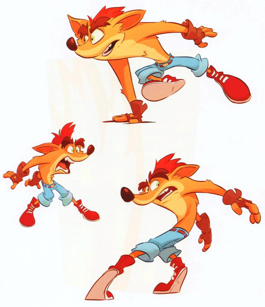 1boy brown_gloves crash_bandicoot crash_bandicoot_(series) crashxfusion fingerless_gloves gloves highres multiple_views open_mouth shoes shorts simple_background teeth white_background