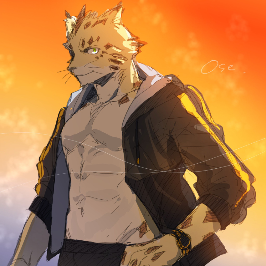 abs anthro bottomwear clock clothed clothing felid fur hagio_graphy hi_res jacket leopard lifewonders male mammal muscular muscular_anthro muscular_male navel open_clothing open_jacket open_topwear ose_(tas) pantherine pecs shirtless shorts solo spots spotted_body spotted_fur tokyo_afterschool_summoners topwear watch wristwatch