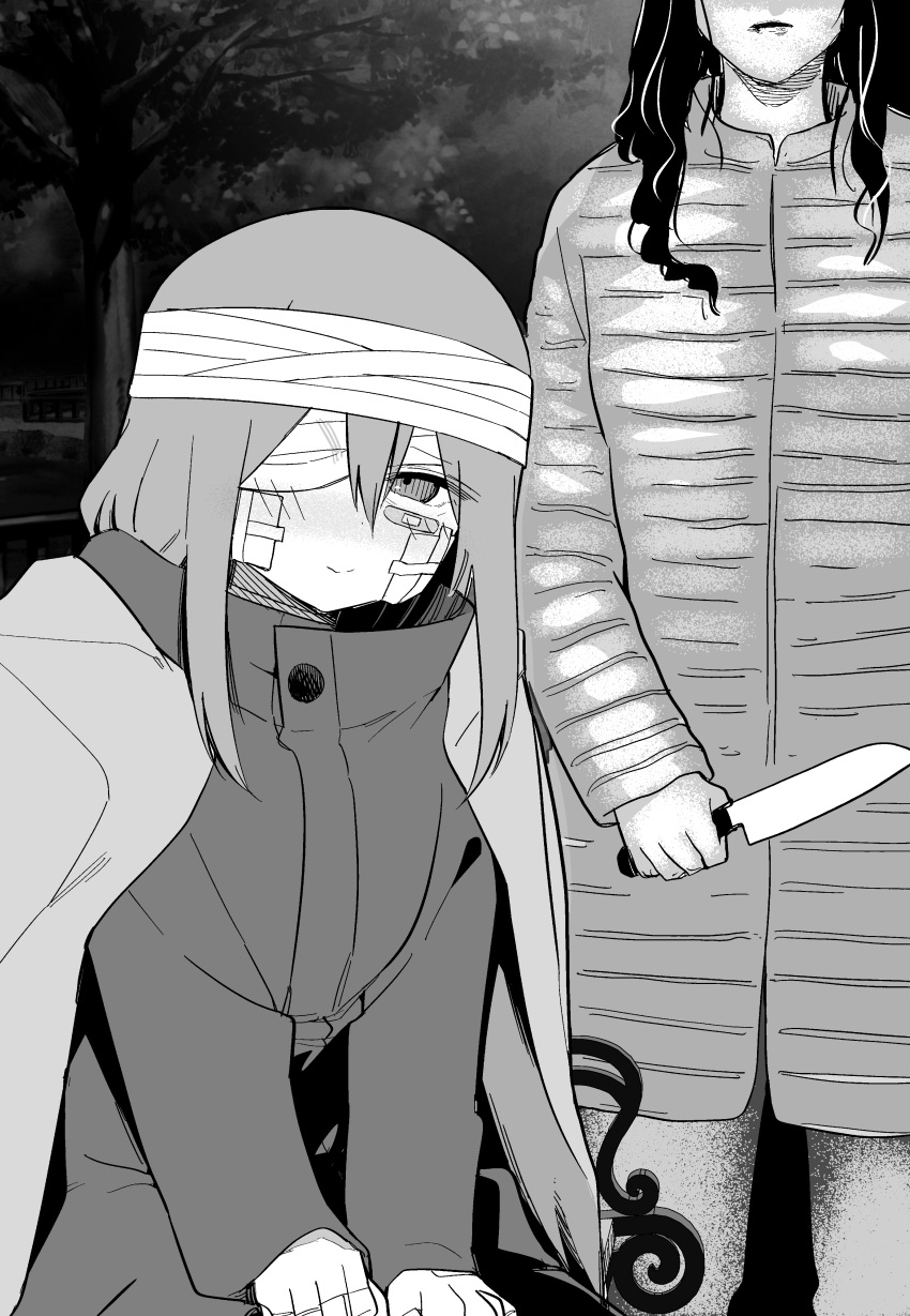 1girl 2girls absurdres bandage_over_one_eye bandaged_head bandages bandaid bandaid_on_cheek bandaid_on_face bandaid_on_hand bench bruise bruised_eye greyscale highres holding holding_knife hood hoodie injury jacket kitchen_knife knife kuga_tsuniya long_hair long_sleeves monochrome mother_and_daughter multiple_girls night on_bench open_clothes open_jacket original outdoors park park_bench sidelocks sitting smile standing