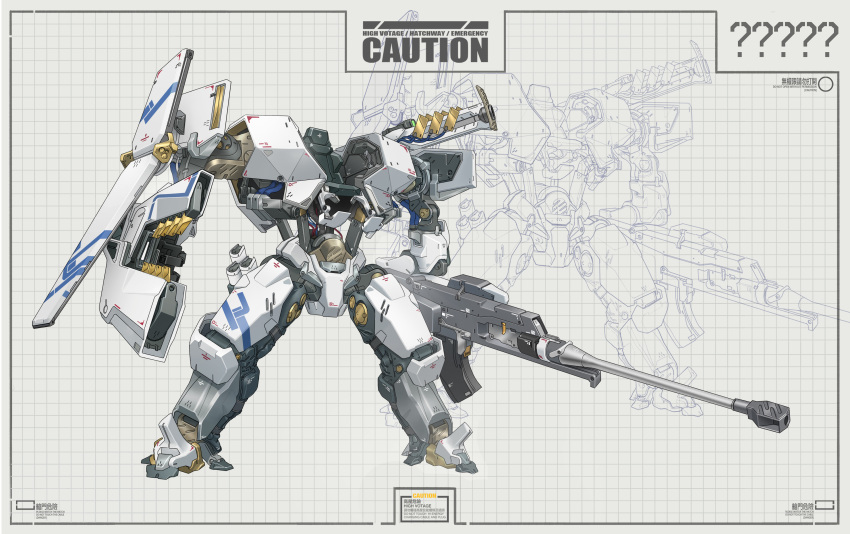 ? ?? absurdres arm_cannon cable caution chinese_commentary chinese_text commentary_request daniel_zhao english_commentary english_text girls'_frontline grid_background highres mecha mechanical_arms mechanical_legs miss_eve_(girls'_frontline) mixed-language_commentary no_humans official_art paradeus projected_inset railgun robot science_fiction shoulder_cannon simple_background translation_request weapon white_armor