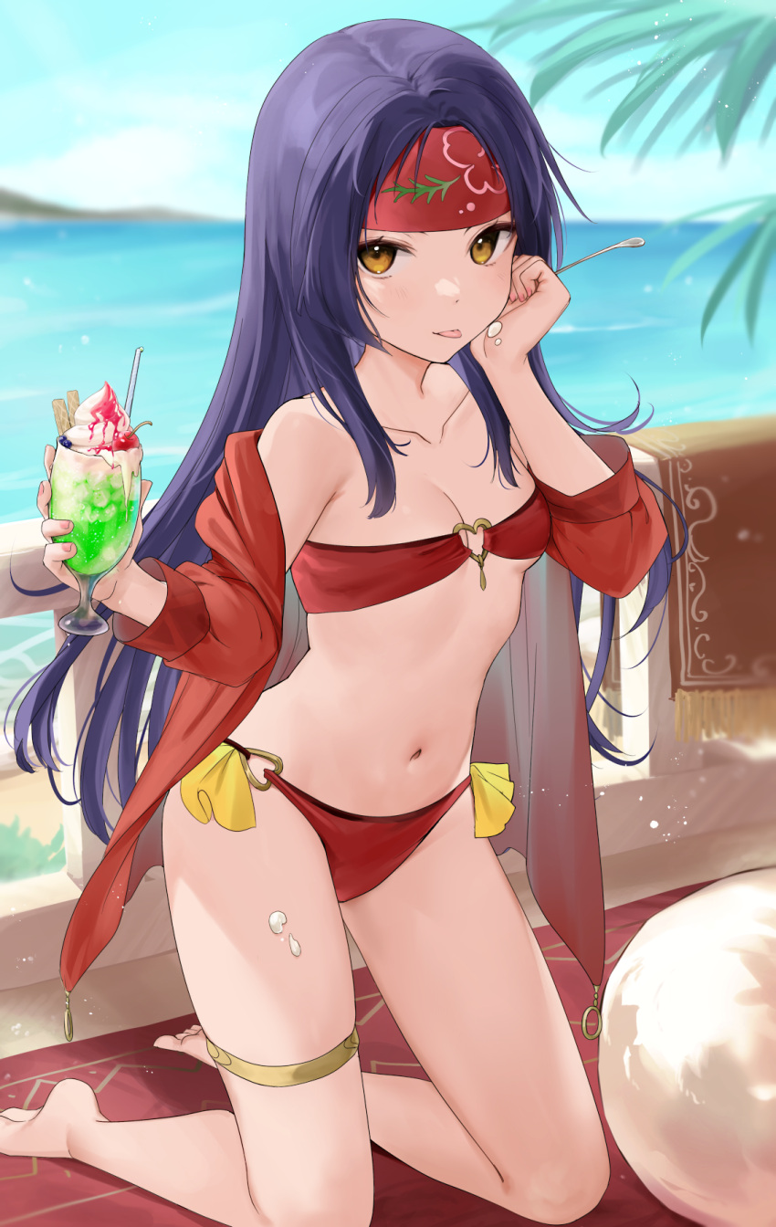 1girl bare_shoulders bikini breasts collarbone commission cup fire_emblem fire_emblem:_radiant_dawn food_on_hand haru_(nakajou-28) headband heart_o-ring heart_ring_top highres holding holding_cup holding_spoon jacket kneeling long_hair long_sleeves looking_at_viewer navel ocean off-shoulder_jacket off_shoulder parfait pixiv_commission purple_hair red_bikini red_headband red_jacket sanaki_kirsch_altina small_breasts solo spoon swimsuit tongue tongue_out yellow_eyes