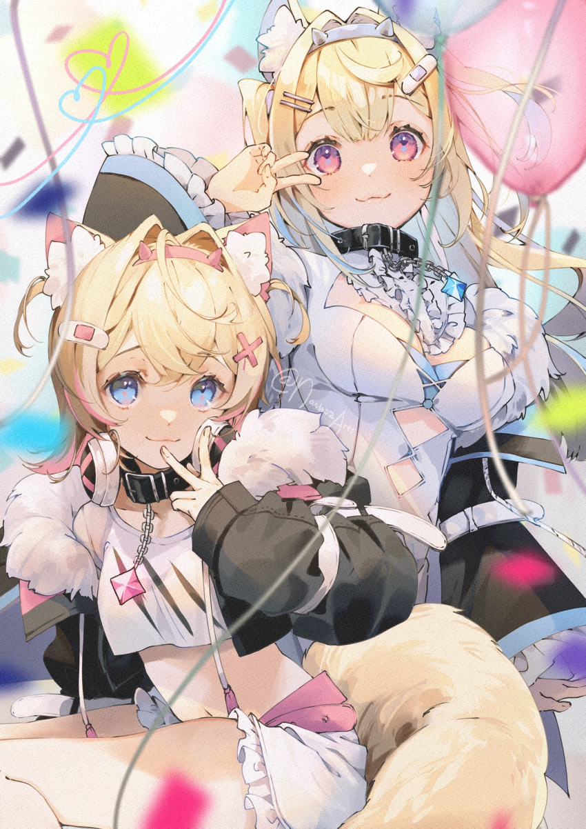 2girls :3 animal_ear_fluff animal_ears balloon bandaid_hair_ornament belt black_collar black_jacket blonde_hair blue_eyes blue_hair blue_hairband breasts cleavage_cutout clothing_cutout collar crop_top cropped_jacket cropped_shirt cutout_above_navel dog_ears dog_girl dog_tail dress frilled_shirt_collar frilled_shorts frilled_sleeves frills fur-trimmed_jacket fur_trim fuwawa_abyssgard gem hair_between_eyes hair_intakes hair_ornament hairband hairclip headband headphones headphones_around_neck highres hololive hololive_english jacket long_hair long_sleeves medium_breasts mococo_abyssgard multicolored_hair multiple_girls nachoz_(nachozart) navel pink_belt pink_eyes pink_hair pink_hairband pink_headband shirt short_hair short_shorts shorts siblings sisters sitting spiked_collar spikes streaked_hair tail twins two_side_up v_over_eye virtual_youtuber white_dress white_shirt white_shorts x_hair_ornament