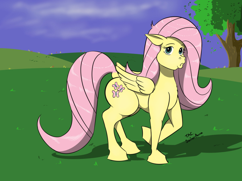 4:3 cutie_mark dock equid equine feathered_wings feathers female feral fluttershy_(mlp) friendship_is_magic fur hair hasbro hi_res looking_at_viewer mammal my_little_pony open_mouth outside pegasus pink_hair plant sailoranna solo tail tree wings yellow_body yellow_fur