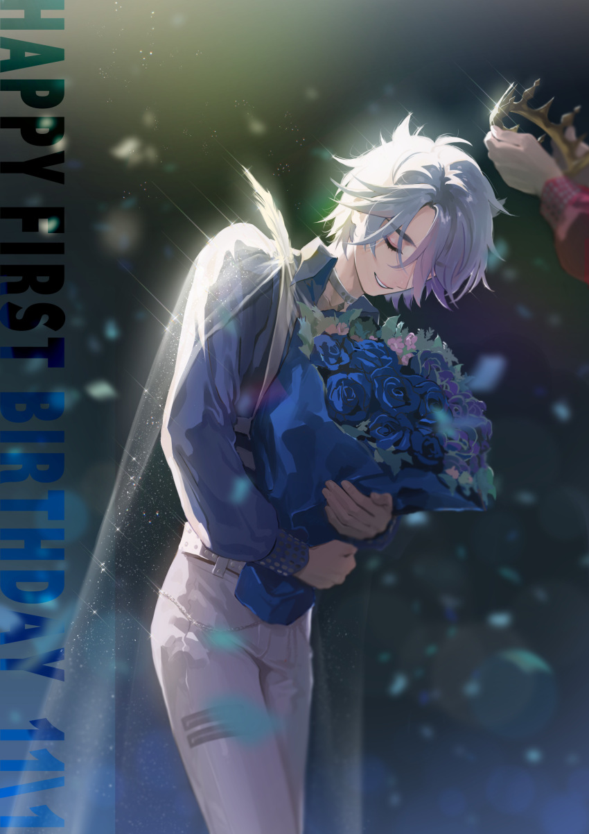1boy absurdres belt blue_flower blue_hair blue_rose blue_shirt blurry blurry_background bouquet cape choker closed_eyes confetti cowboy_shot crown depth_of_field feathers flower glint hair_between_eyes hair_flaps happy_birthday head_down highres holding holding_bouquet holding_crown hughie_(waccha_primagi!) ibuki_touma long_sleeves male_focus multicolored_hair o4ritarou one_eye_covered open_collar out_of_frame pants parted_lips pink_flower pink_hair pretty_(series) putting_on_headwear red_shirt rose sailor_collar see-through see-through_cape shirt short_hair smile solo_focus standing streaked_hair unworn_crown waccha_primagi! white_belt white_cape white_choker white_pants