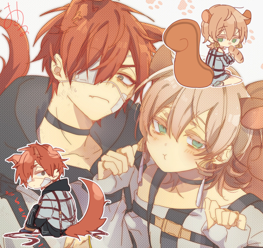 2boys absurdres animal_ears bandaid bandaid_on_cheek bandaid_on_face blonde_hair brown_hair chibi closed_mouth eyepatch green_eyes grey_background highres kajiyama_fuuta kao_ru05 kusunoki_muu looking_at_viewer milgram multicolored_hair multiple_boys paw_print pink_hair red_eyes short_hair squirrel_ears squirrel_girl wolf_boy wolf_ears