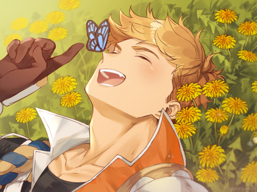 1boy :d black_shirt blonde_hair blue_butterfly blush bug butterfly butterfly_on_nose close-up closed_eyes collarbone flower gloves granblue_fantasy higashigunkan lying male_focus marigold on_back on_ground open_mouth pectorals plant popped_collar portrait shirt short_hair smile solo toned toned_male vambraces vane_(granblue_fantasy) yellow_flower