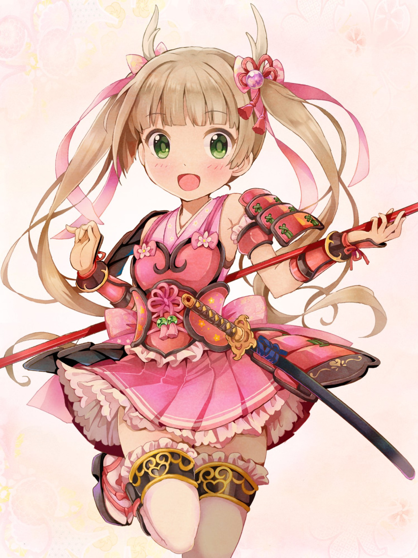 1girl armor bare_shoulders blonde_hair blush frilled_thighhighs frills green_eyes hair_ornament hair_ribbon highres idolmaster idolmaster_cinderella_girls idolmaster_cinderella_girls_u149 japanese_armor japanese_clothes katana kimono long_hair looking_at_viewer michii_yuuki open_mouth ribbon short_kimono sleeveless smile solo standing standing_on_one_leg sword thighhighs twintails weapon yokoyama_chika zettai_ryouiki