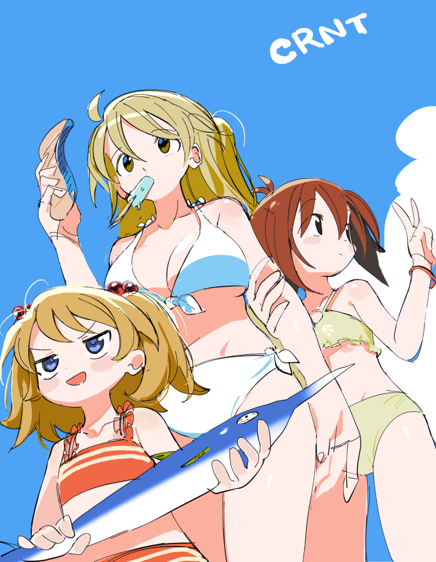 3girls acronym ahoge alternate_costume animal antenna_hair bad_hands bikini black_eyes blonde_hair blue_eyes blue_sky blush_stickers bracelet brown_eyes brown_hair collarbone copyright_name cowboy_shot fish fish_steak food food_in_mouth from_below front-tie_bikini_top front-tie_top green_bikini hair_bobbles hair_ornament half_updo halterneck hand_up height_difference highres holding holding_animal holding_another's_arm holding_fish holding_food jewelry jitome kokaki_mumose kuroshio_current light_brown_hair long_hair looking_ahead looking_to_the_side multiple_girls nagi_akasa nagi_shirosumire nagi_wakana o-ring o-ring_bikini orange_bikini popsicle popsicle_in_mouth short_hair siblings sisters sky smile swimsuit swordfish twintails two-handed v v-shaped_eyebrows white_bikini